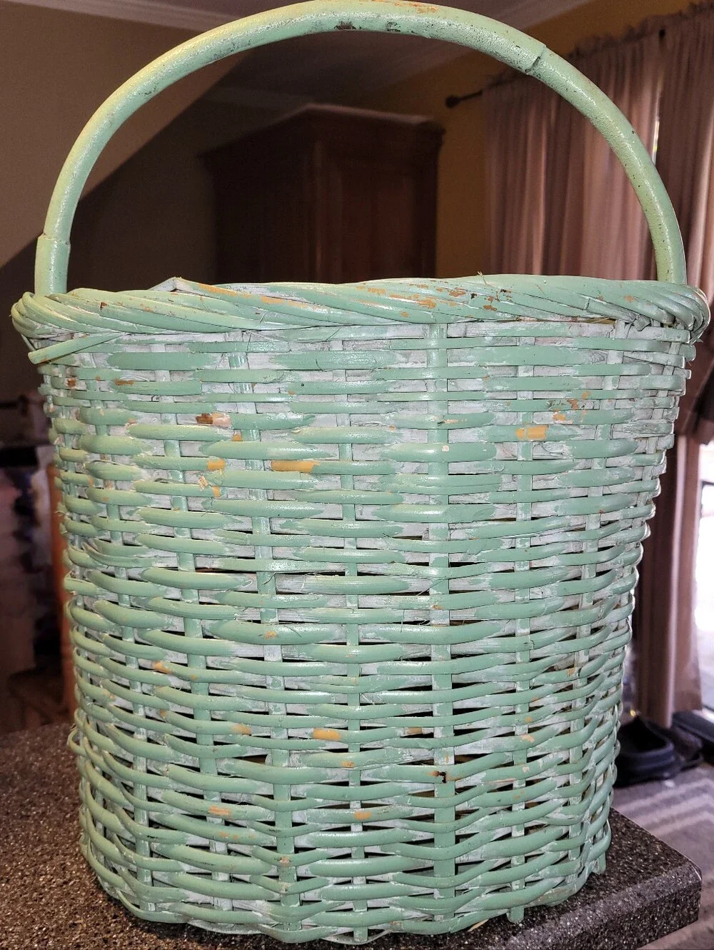 Vintage 90s Painted Wicker Basket Sage Green Farmhouse Cottagecore Decor